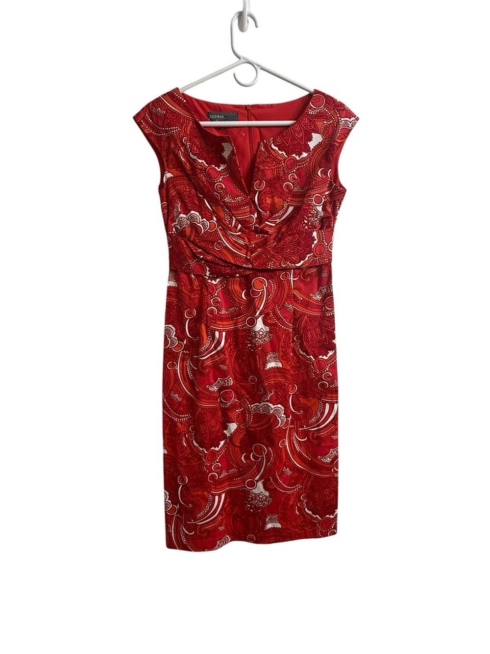 Donna Ricco New York Red Paisley Sheath Dress Size 8 Stretch Career Cocktail